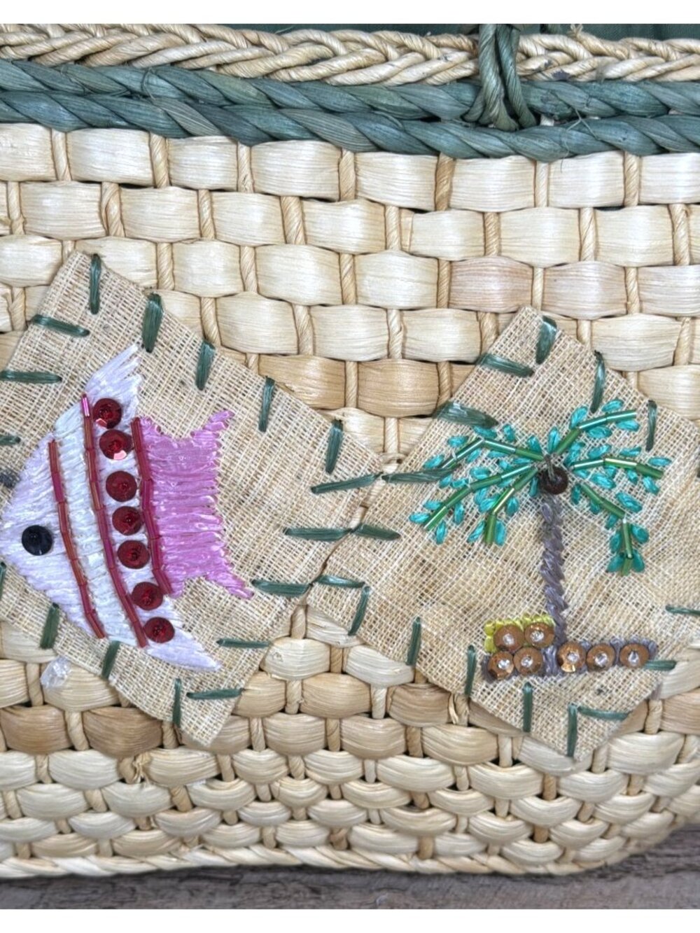 Y2K Tropical Straw Tote Drawstring Security Liner Summer Beach Vacation Purse - Picture 3 of 16